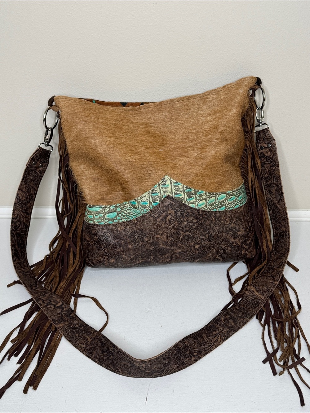 Brown and Tan Leather Fringe Hobo Bag with Turquoise Accent